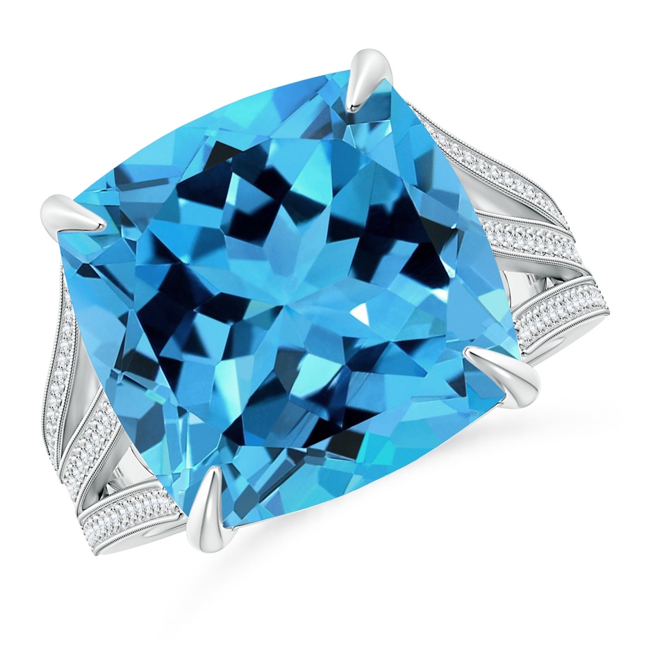 13.98x13.98x9.31mm AAAA GIA Certified Cushion Swiss Blue Topaz Double Split Shank Ring in 18K White Gold 
