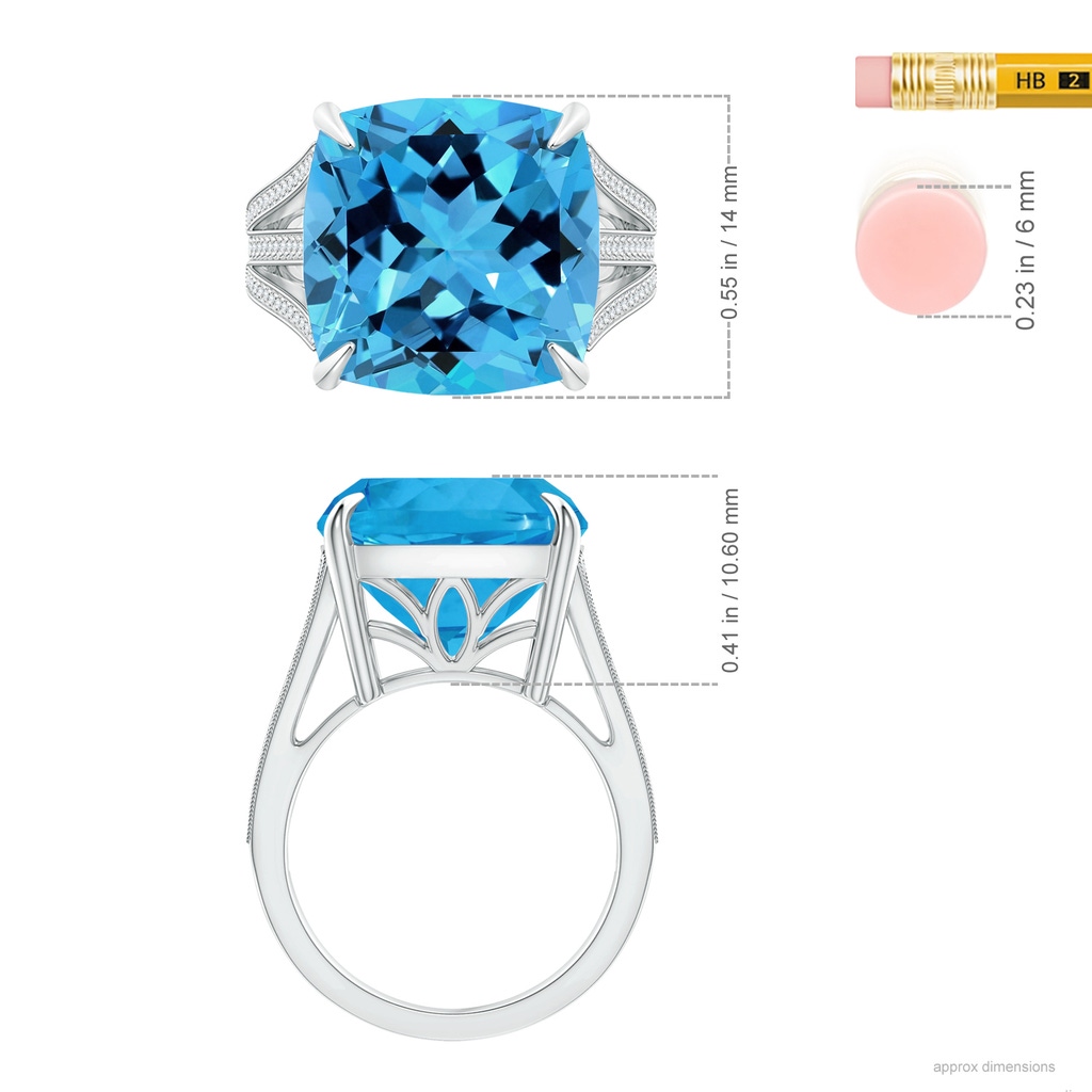 13.98x13.98x9.31mm AAAA GIA Certified Cushion Swiss Blue Topaz Double Split Shank Ring in White Gold ruler