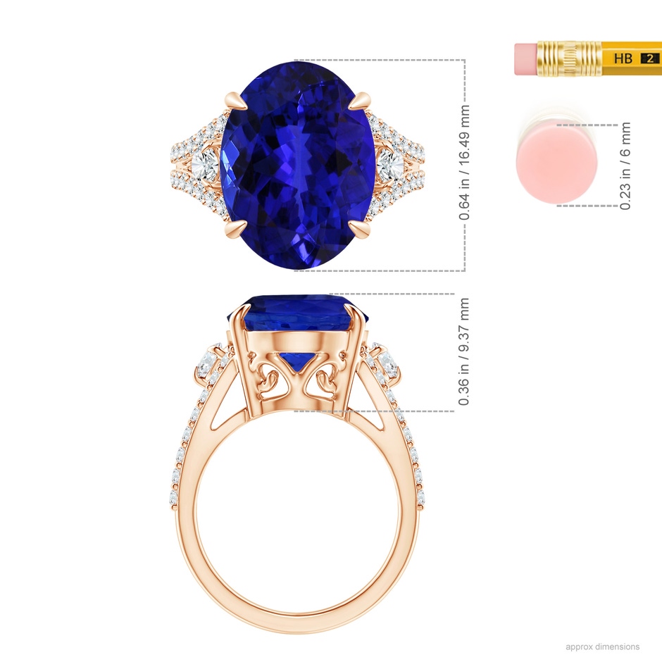 16.49x12.34x8.70mm AAAA GIA Certified Oval Tanzanite Split Shank Ring in Rose Gold ruler