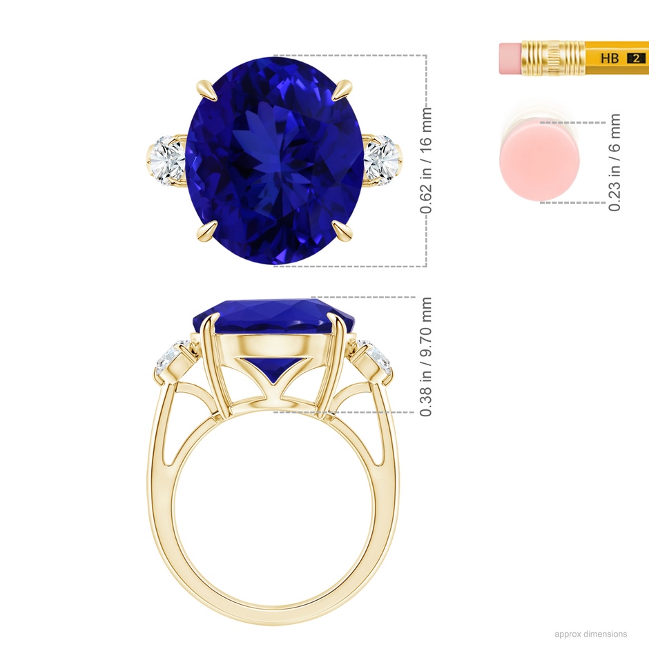 16.09x13.82x11.90mm AAAA Classic GIA Certified Tanzanite Three Stone Ring with Diamond in 18K Yellow Gold ruler