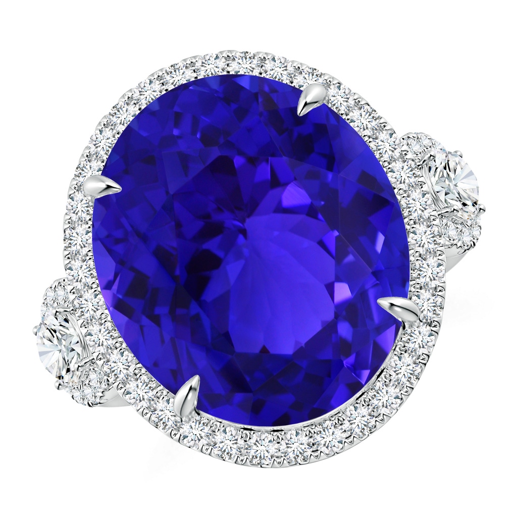 17.67x14.95x9.87mm AAAA GIA Certified Oval Tanzanite Three Stone Ring with Diamond in 18K White Gold