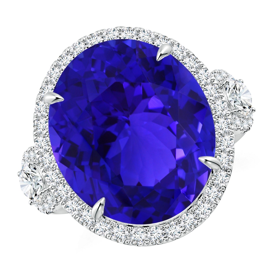 17.67x14.95x9.87mm AAAA GIA Certified Oval Tanzanite Three Stone Ring with Diamond in 18K White Gold 