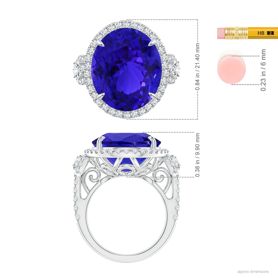 17.67x14.95x9.87mm AAAA GIA Certified Oval Tanzanite Three Stone Ring with Diamond in 18K White Gold ruler