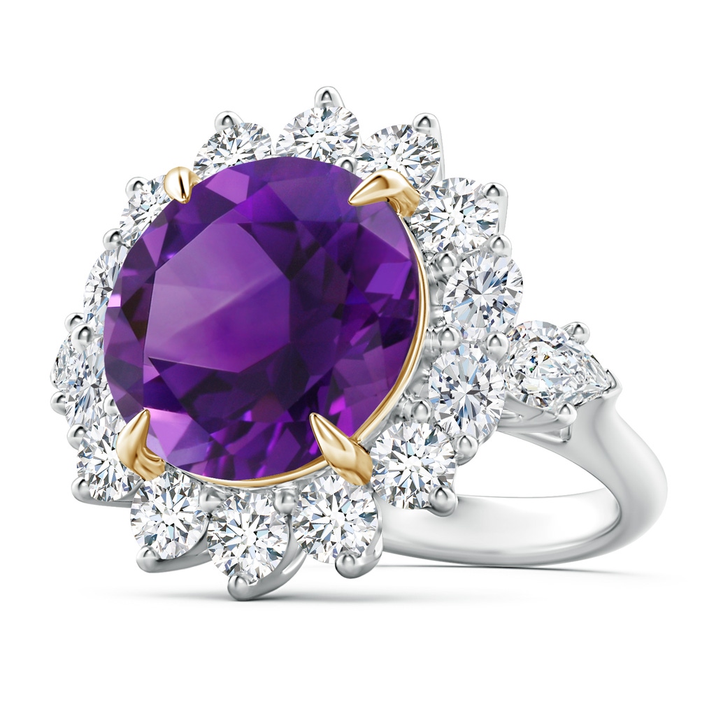 14mm AAAA Claw-Set Amethyst Floral Halo Ring with Diamond Accents in White Gold Yellow Gold