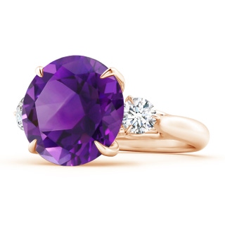 14mm AAAA Claw-Set Round Amethyst and Diamond Three Stone Ring in Rose Gold