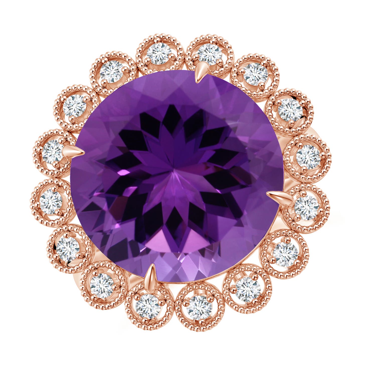 14.18x14.11x9.36mm AAA GIA Certified Amethyst & Diamond Floral Halo Ring in 18CT Rose Gold