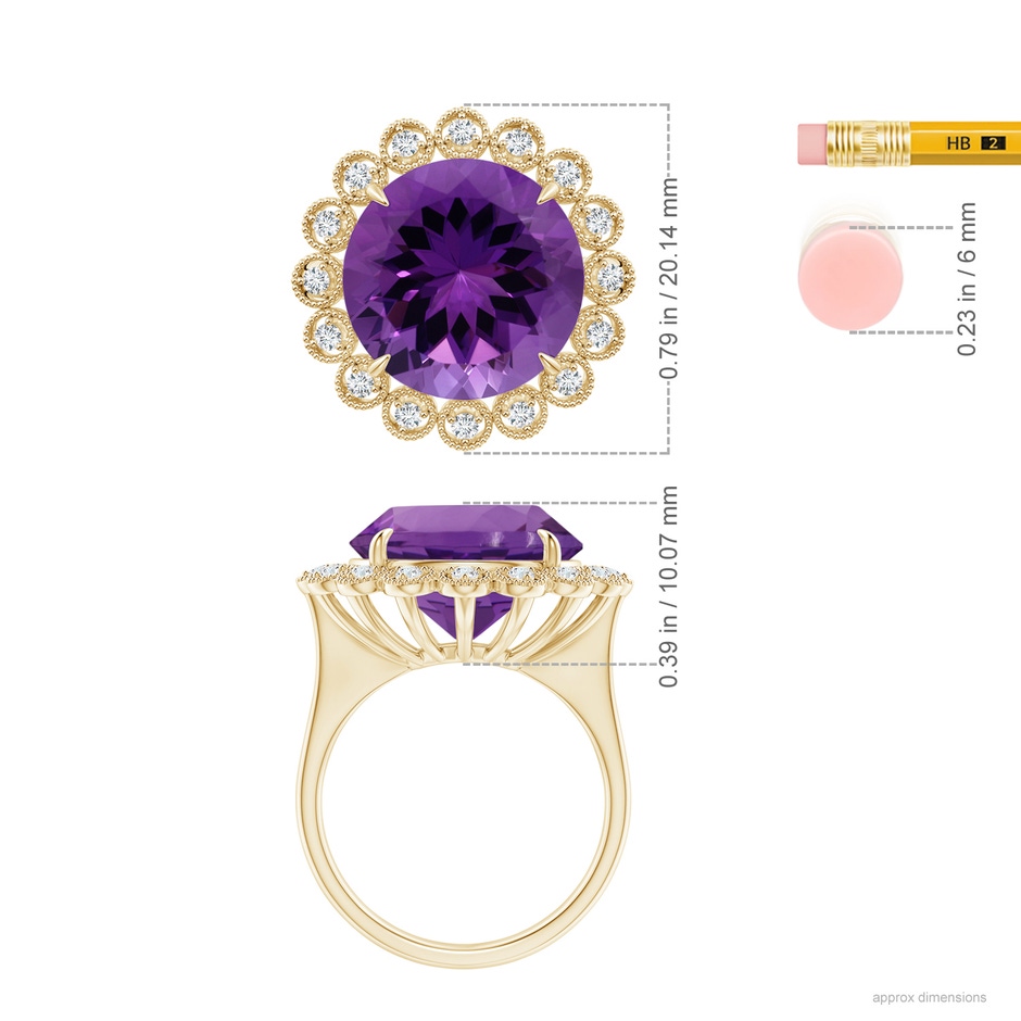 14.18x14.11x9.36mm AAA GIA Certified Amethyst & Diamond Floral Halo Ring in Yellow Gold ruler
