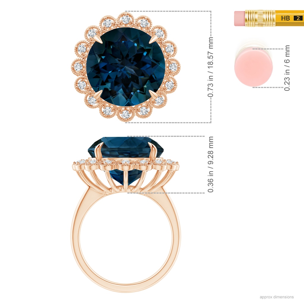 13.14x13.05x8.46mm AAAA Vintage Style GIA Certified Round London Blue Topaz Halo Ring in Rose Gold ruler