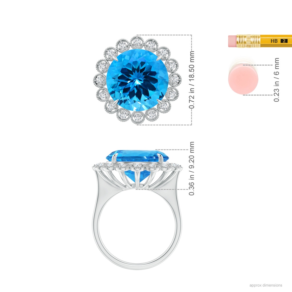 13.08x13.01x8.64mm AAAA GIA Certified Vintage Style Round Swiss Blue Topaz Halo Ring in White Gold ruler