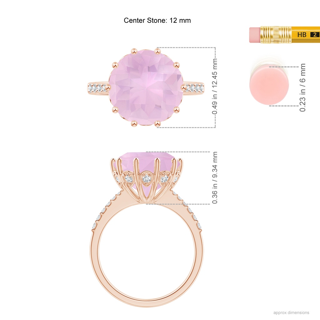 12mm AAAA Round Rose Quartz Reverse Tapered Shank Cocktail Ring in Rose Gold Ruler