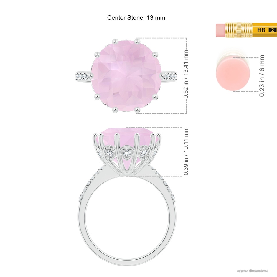 13mm AAA Round Rose Quartz Reverse Tapered Shank Cocktail Ring in White Gold ruler