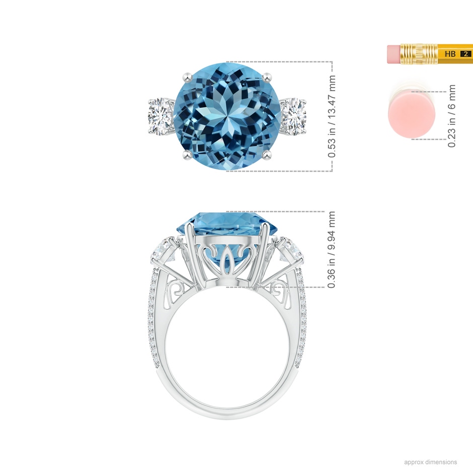 14.00-14.07x8.50mm AAAA GIA Certified Round Sky Blue Topaz Three Stone Ring in 18K White Gold ruler