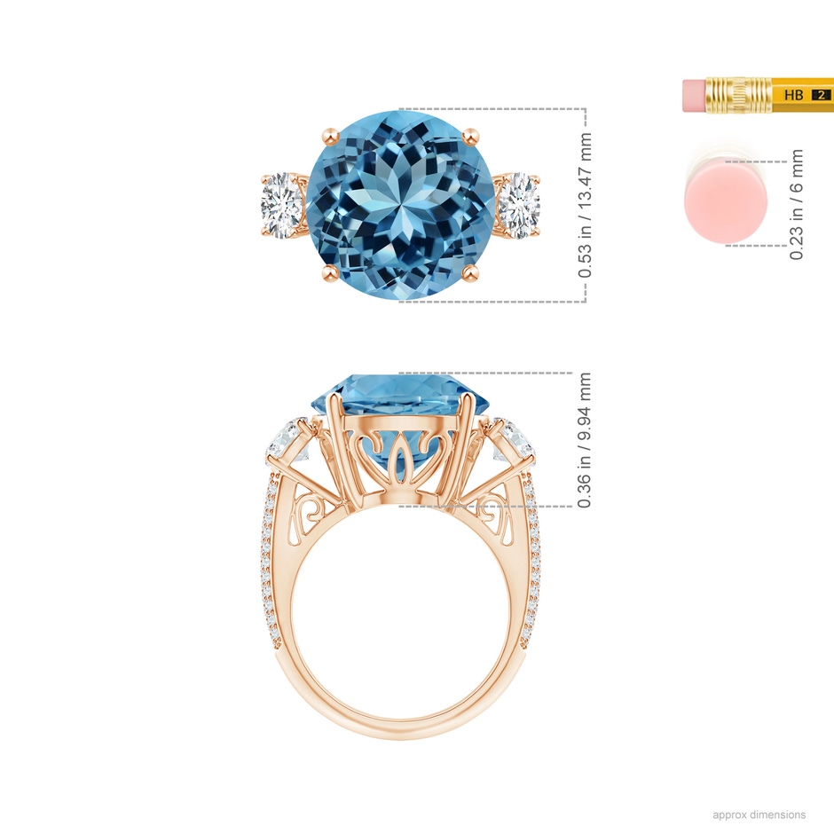 14.00-14.07x8.50mm AAAA GIA Certified Round Sky Blue Topaz Three Stone Ring in Rose Gold ruler