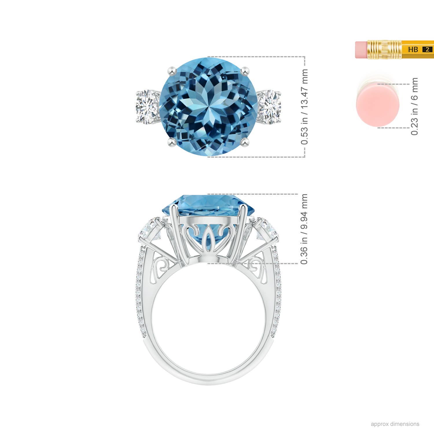 14.00-14.07x8.50mm AAAA GIA Certified Round Sky Blue Topaz Three Stone Ring in White Gold - ruler