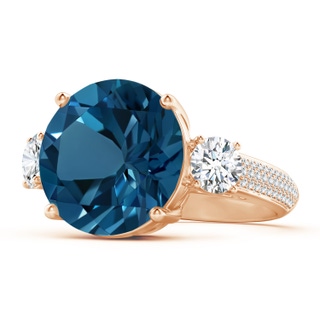 14mm AAAA Round London Blue Topaz and Diamond Three Stone Ring in Rose Gold