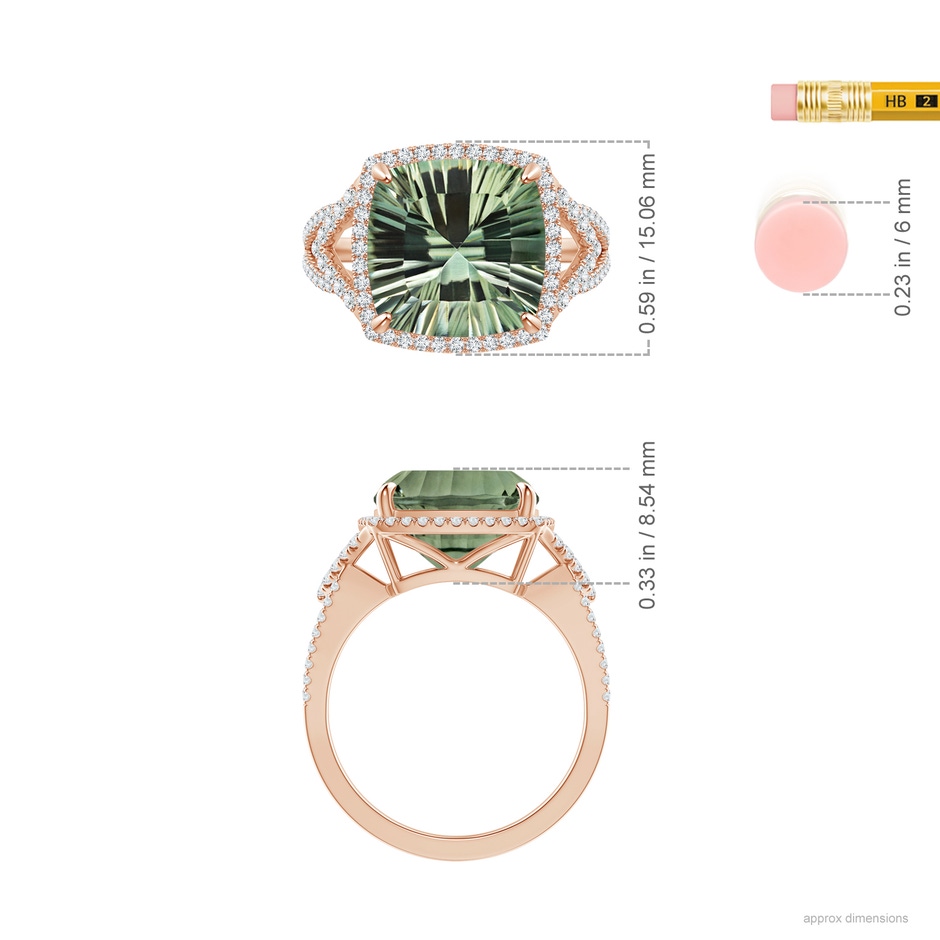 12.14x12.13x7.95mm AAA GIA Certified Cushion Green Amethyst Split Shank Halo Ring in Rose Gold ruler