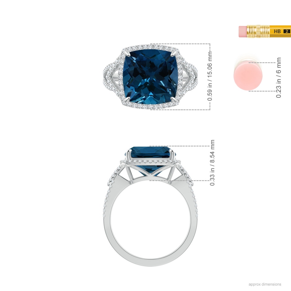 12.14x12.14x8.42mm AAA GIA Certified Cushion London Blue Topaz Split Shank Halo Ring in 18K White Gold ruler
