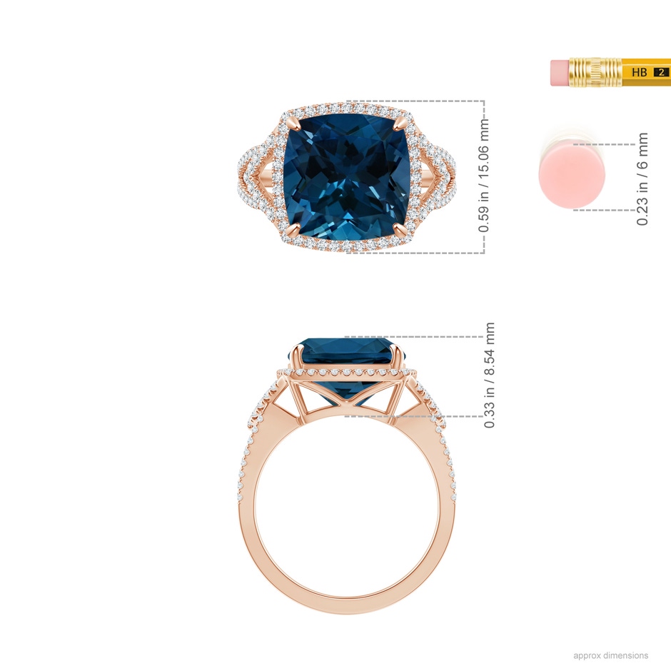 12.14x12.14x8.42mm AAA GIA Certified Cushion London Blue Topaz Split Shank Halo Ring in Rose Gold ruler