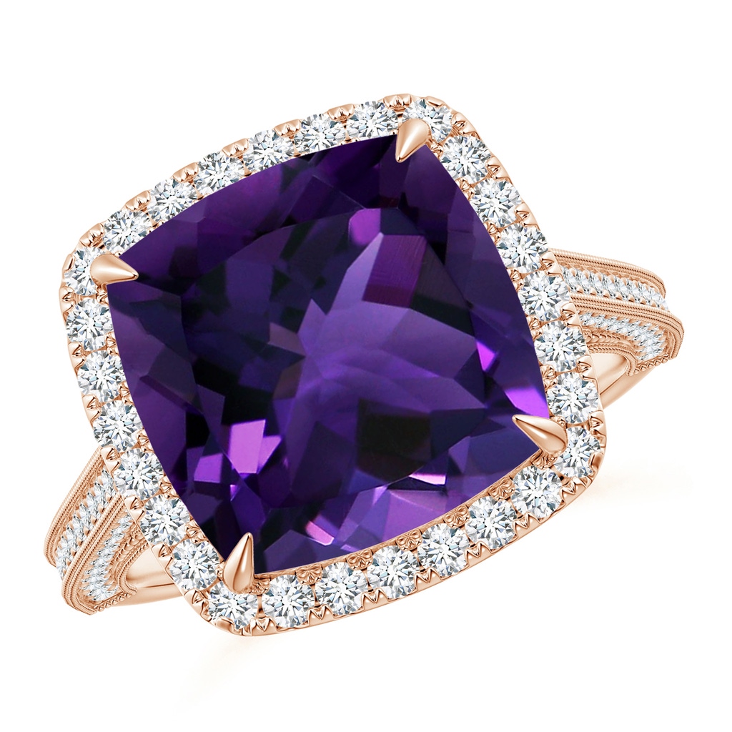 11.12x11.10x7.59mm AAA GIA Certified Amethyst Halo Ring with Milgrain in Rose Gold