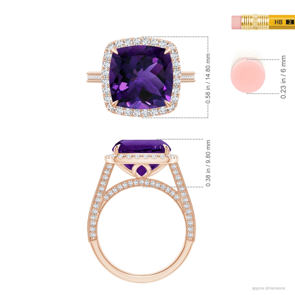 11.12x11.10x7.59mm AAA GIA Certified Amethyst Halo Ring with Milgrain in Rose Gold ruler