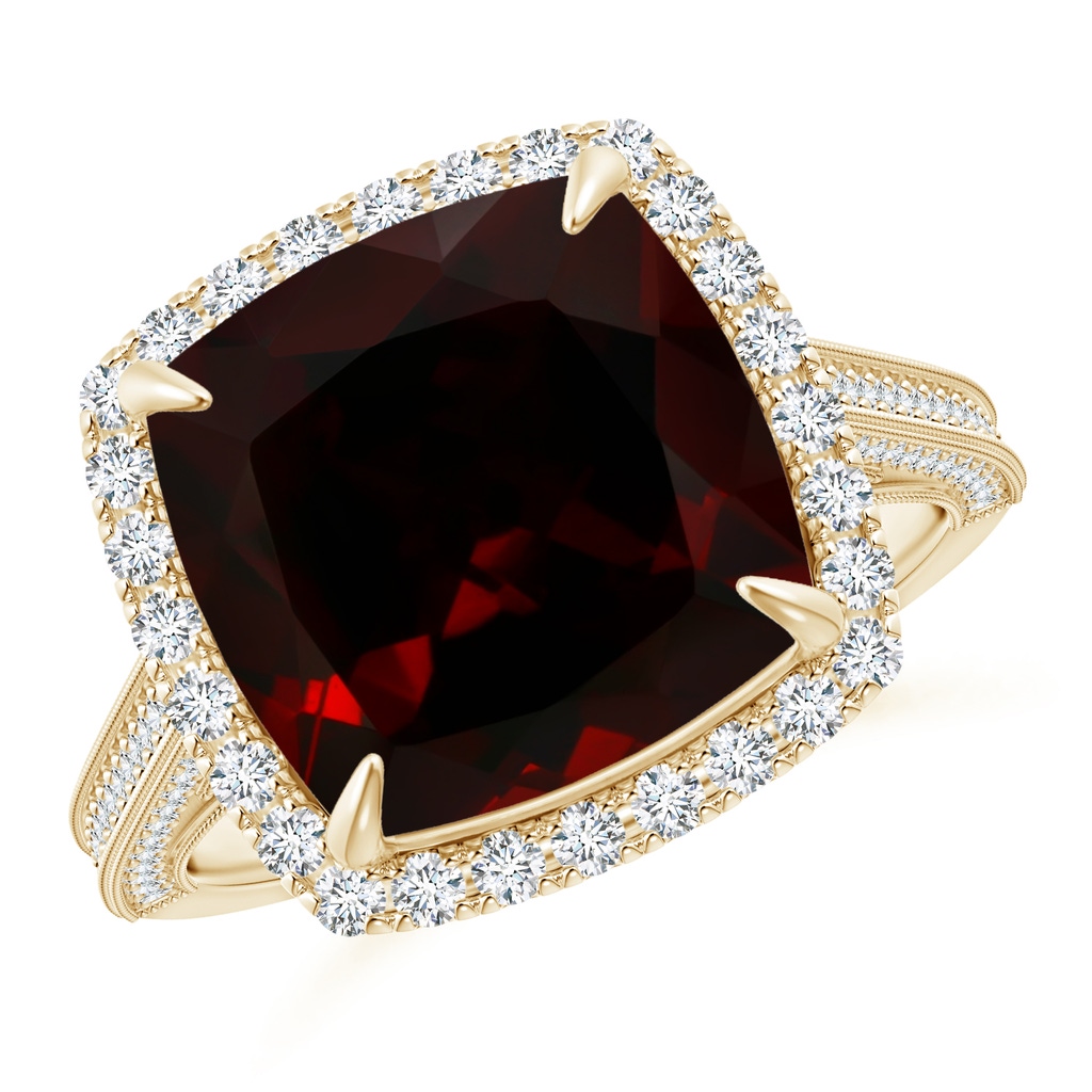 11x11mm A GIA Certified Garnet Halo Ring with Milgrain in Yellow Gold