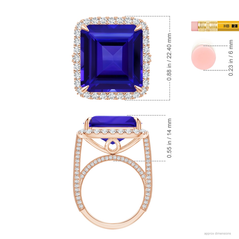 17.25x16.09x9.74mm AAAA GIA Certified Octagonal Tanzanite Halo Ring with Milgrain in Rose Gold Ruler