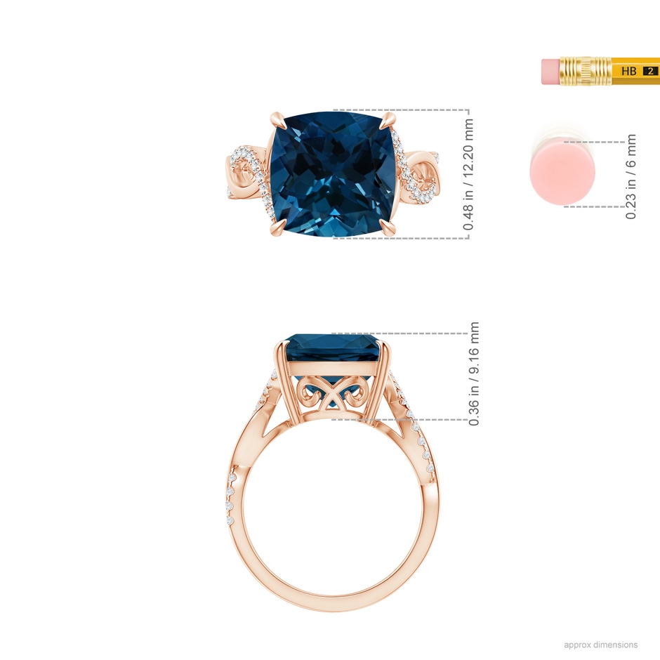 12.14x12.14x8.42mm AAA GIA Certified Cushion London Blue Topaz Twist Infinity Ring in 18K Rose Gold ruler
