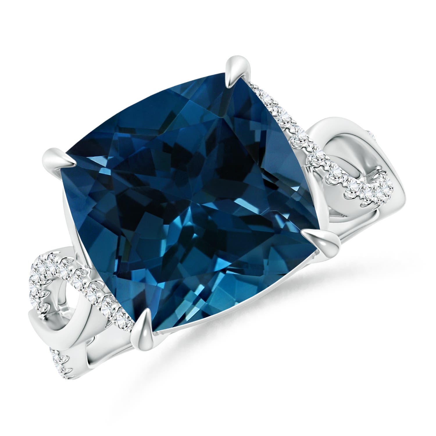 12.14x12.14x8.42mm AAA GIA Certified Cushion London Blue Topaz Twist Infinity Ring in 18K White Gold