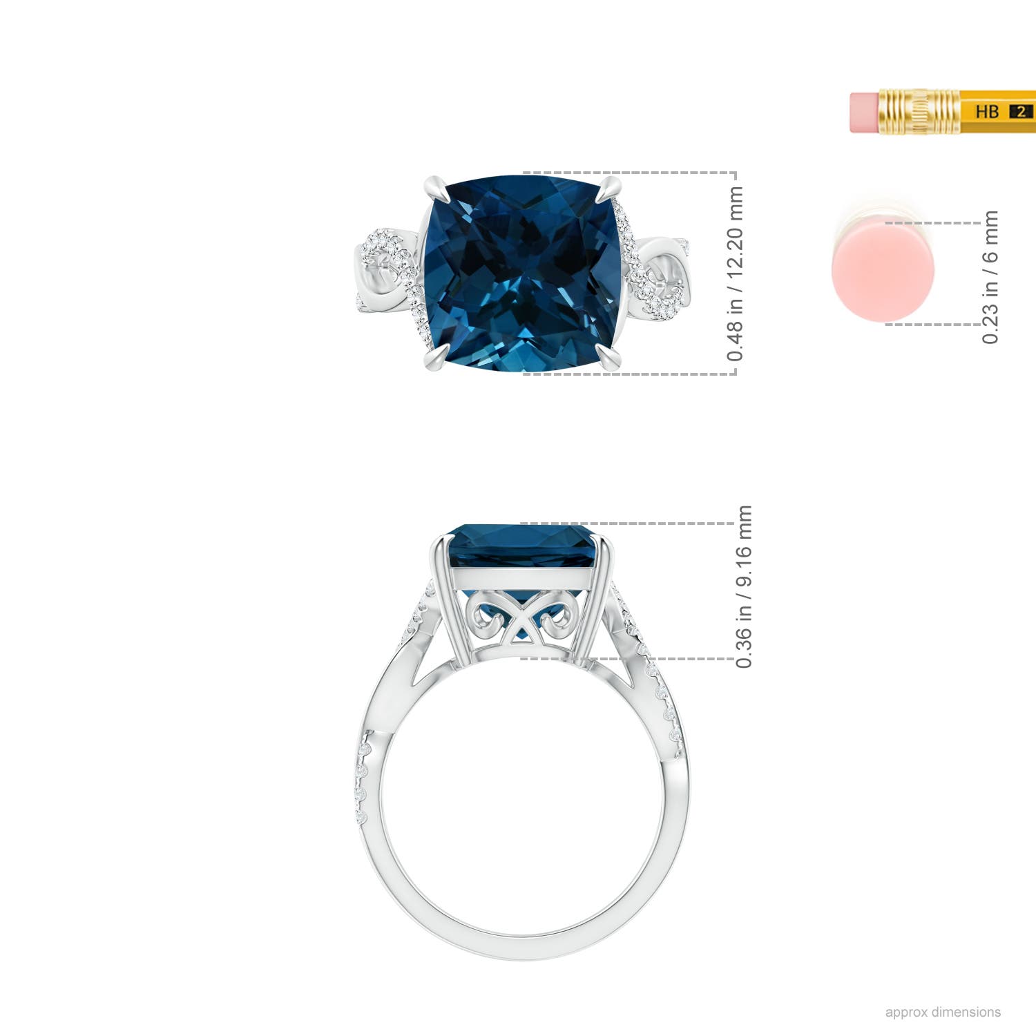 12.14x12.14x8.42mm AAA GIA Certified Cushion London Blue Topaz Twist Infinity Ring in White Gold - ruler