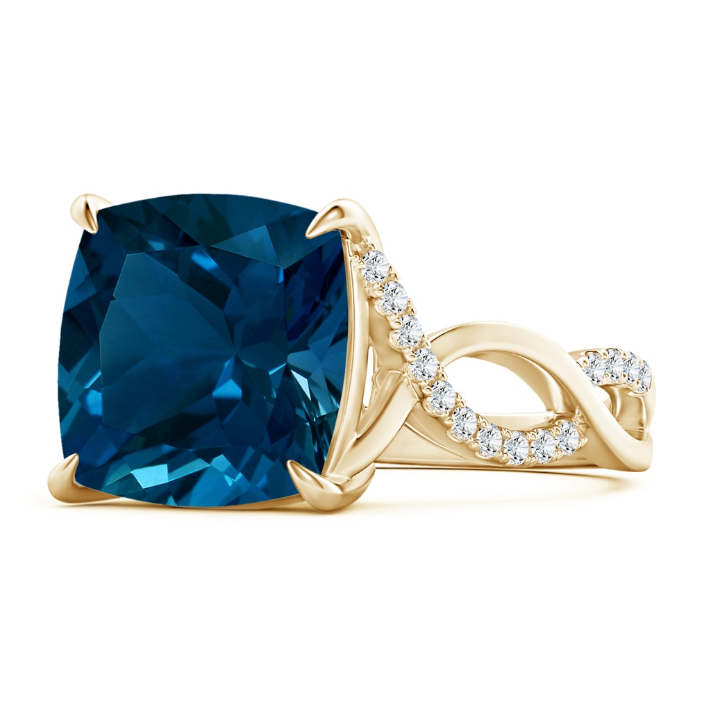 12.14x12.14x8.42mm AAA GIA Certified Cushion London Blue Topaz Twist Infinity Ring in Yellow Gold