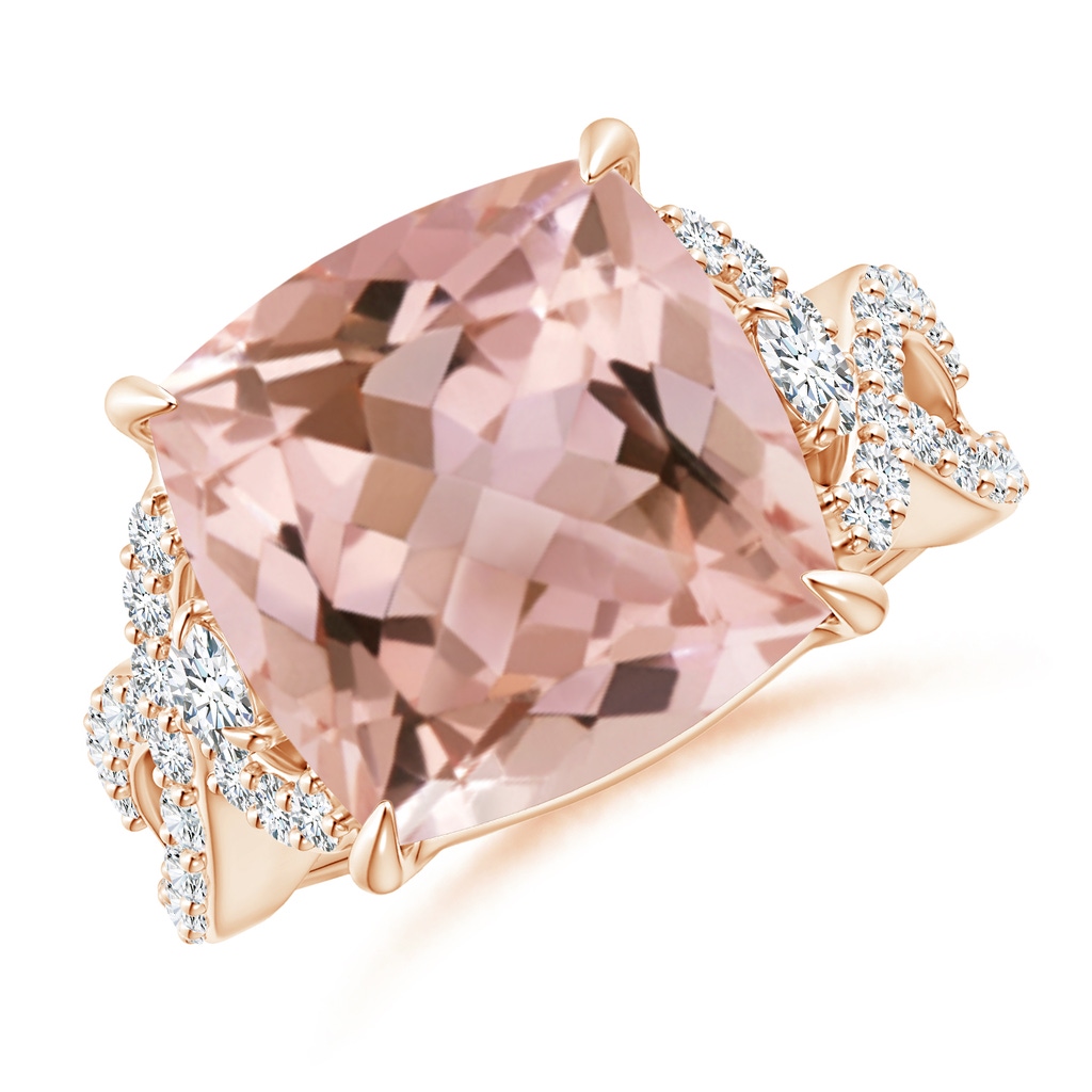 12mm AAAA Cushion Morganite Twisted Shank Ring with Diamonds in Rose Gold