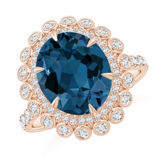 11x9mm AAA Claw-Set Oval London Blue Topaz Double Halo Cocktail Ring in Rose Gold