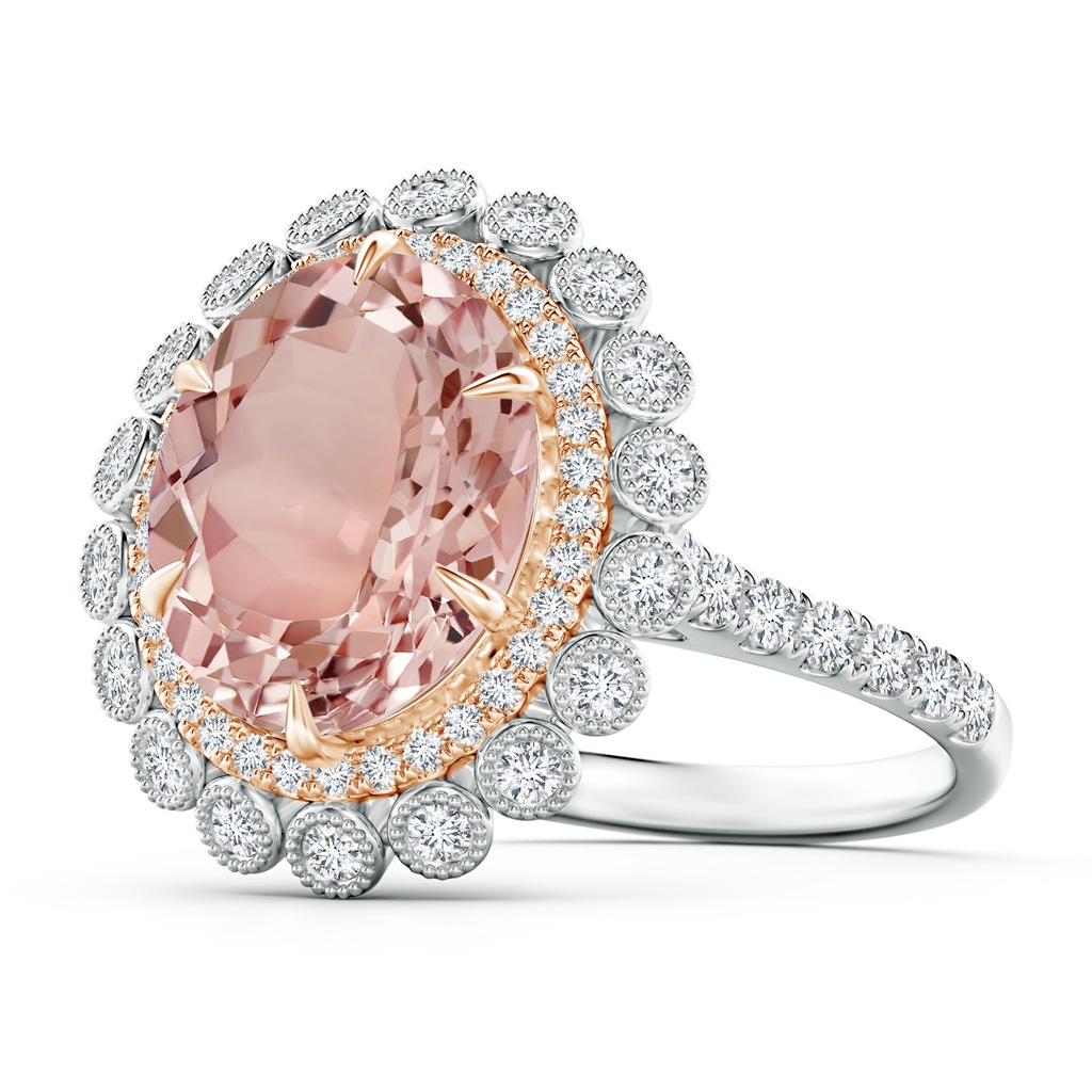 12x10mm AAAA Two Tone Oval Morganite Double Halo Ring with Bezel Diamonds in White Gold Rose Gold
