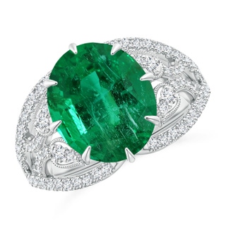 12.5x10mm AAA GIA Certified Oval Emerald Solitaire Ring with Leaf Motifs in 10K White Gold