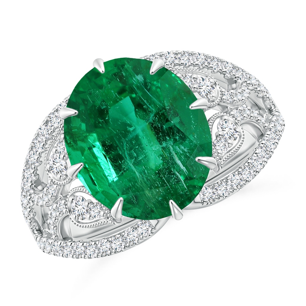 12.5x10mm AAA GIA Certified Oval Emerald Solitaire Ring with Leaf Motifs in 18K White Gold 