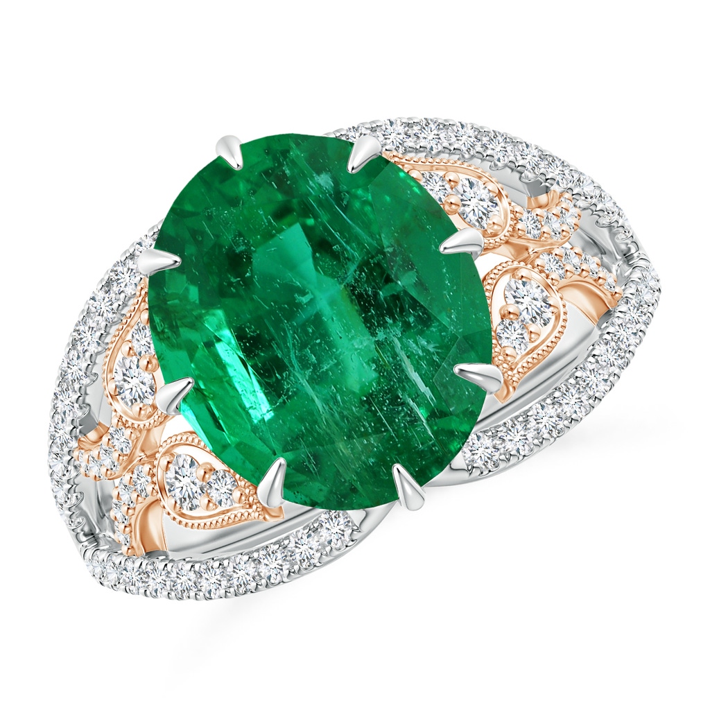 12.5x10mm AAA GIA Certified Oval Emerald Solitaire Ring with Leaf Motifs in White Gold Rose Gold