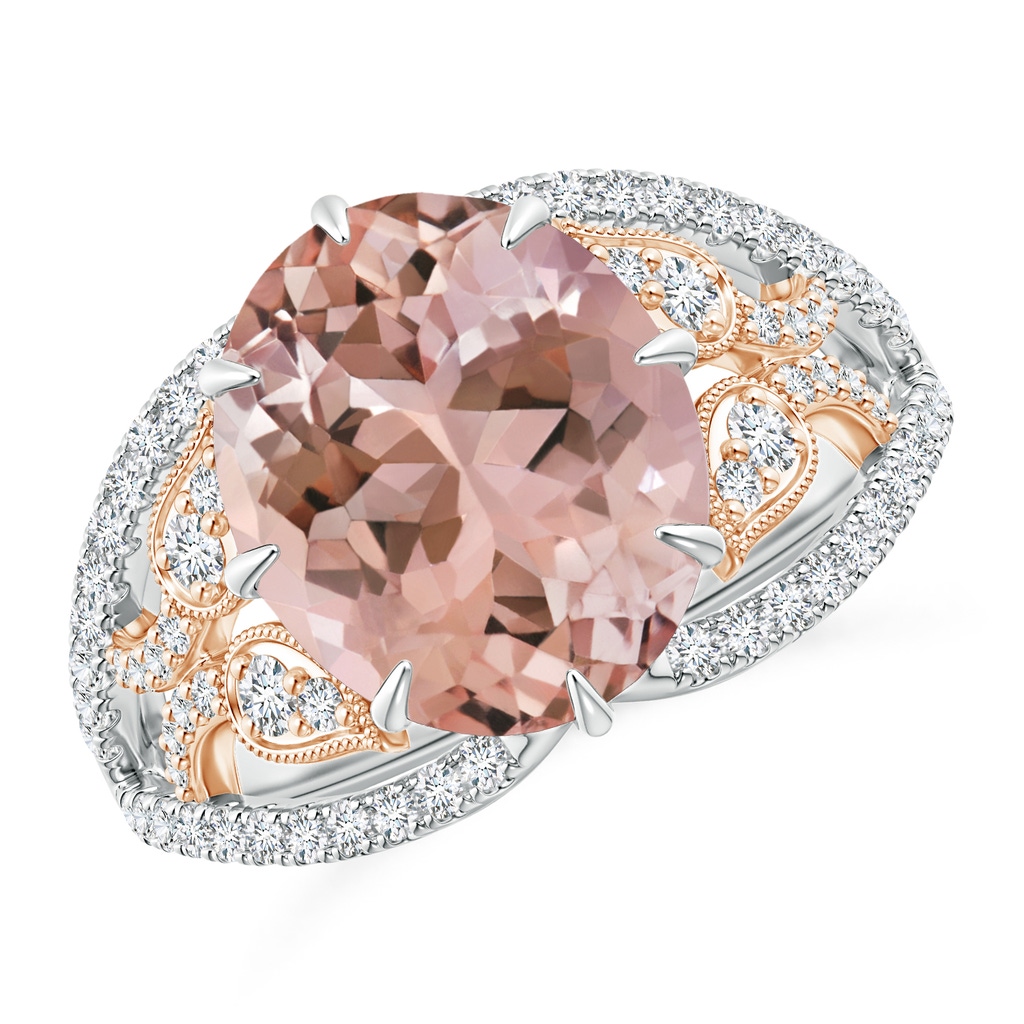 12x10mm AAAA Oval Morganite Solitaire Ring with Diamond Leaf Motifs in White Gold Rose Gold