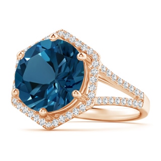 12mm AAAA Round London Blue Topaz and Diamond Hexagon Halo Ring in Rose Gold
