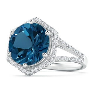 12mm AAAA Round London Blue Topaz and Diamond Hexagon Halo Ring in White Gold