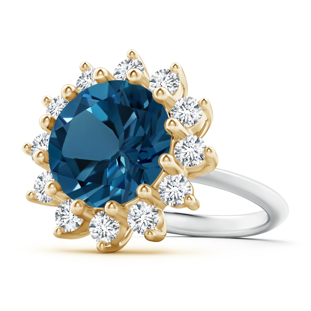 12mm AAAA London Blue Topaz and Diamond Floral Halo Ring in Two Tone in White Gold Yellow Gold