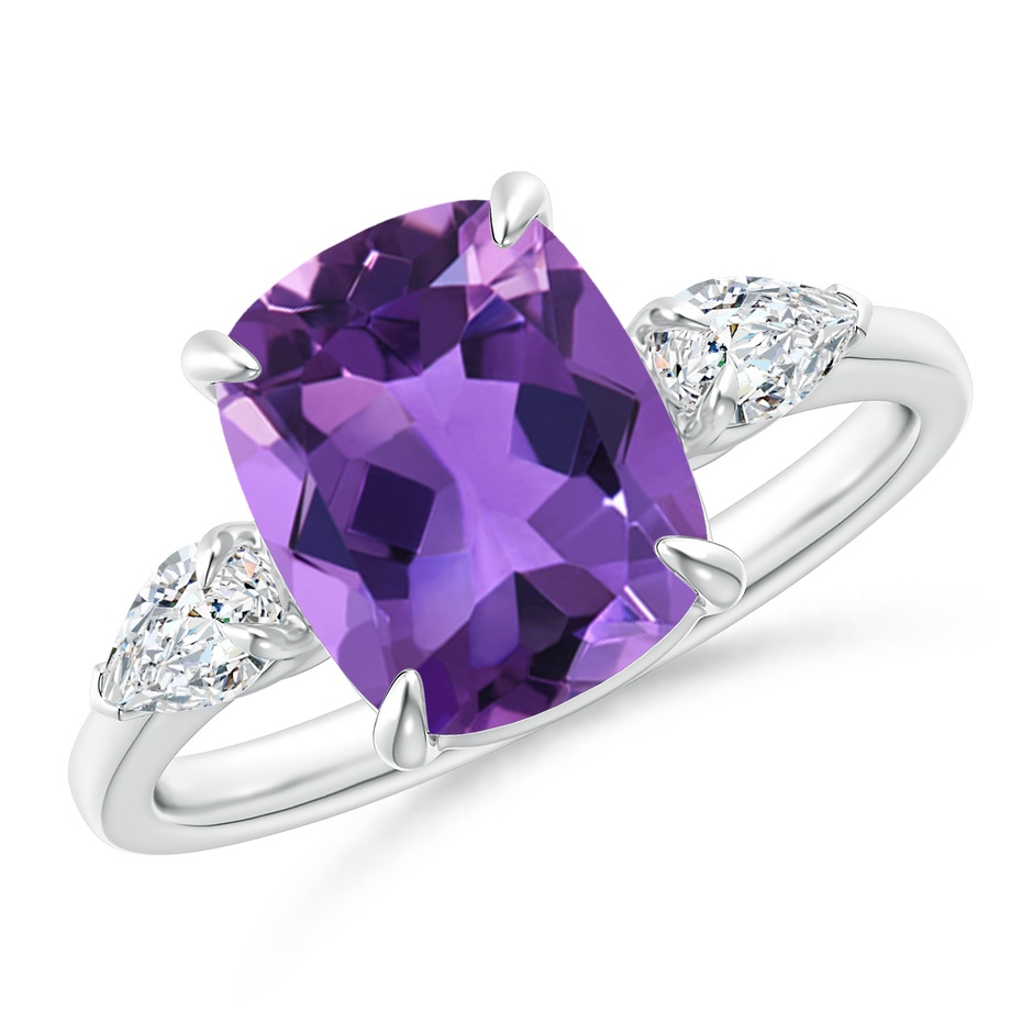 10x8mm AAA Cushion Amethyst Three Stone Ring with Diamonds in White Gold 