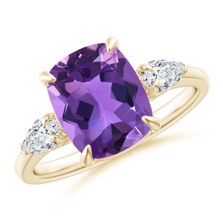 10x8mm AAA Cushion Amethyst Three Stone Ring with Diamonds in Yellow Gold