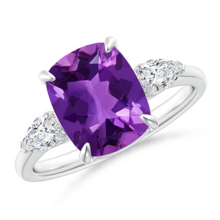 10x8mm AAAA Cushion Amethyst Three Stone Ring with Diamonds in 9K White Gold