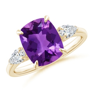 10x8mm AAAA Cushion Amethyst Three Stone Ring with Diamonds in Yellow Gold