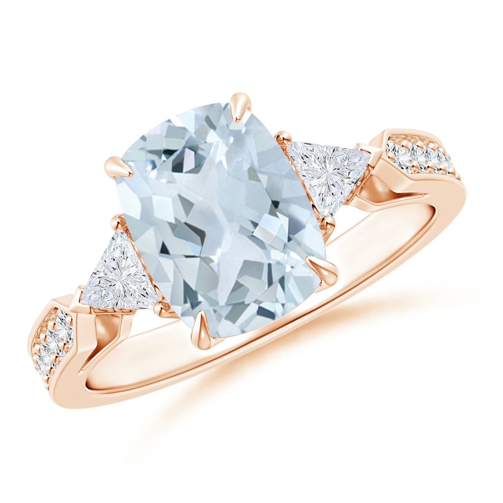 9x7mm A Cushion Aquamarine Ring with Triangle Diamonds in Rose Gold 