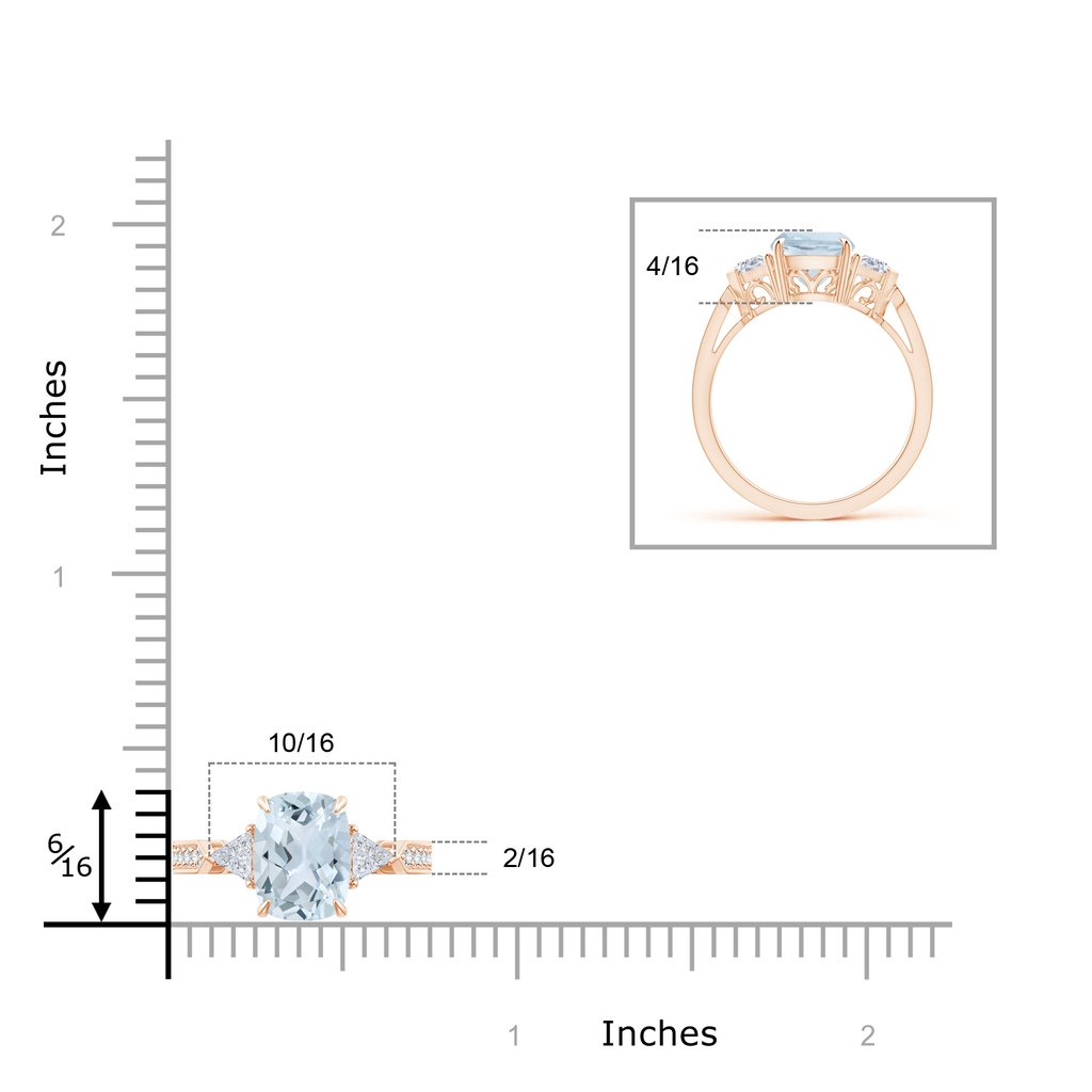 9x7mm A Cushion Aquamarine Ring with Triangle Diamonds in Rose Gold Ruler