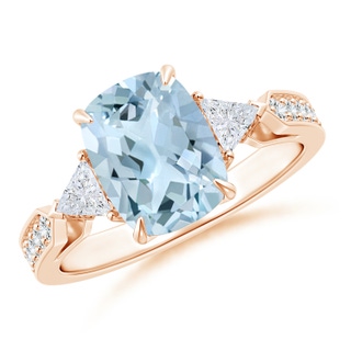 9x7mm AA Cushion Aquamarine Ring with Triangle Diamonds in Rose Gold
