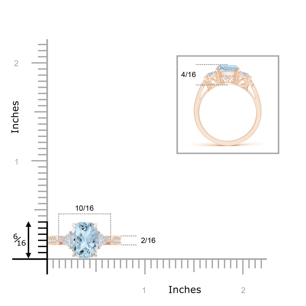 9x7mm AA Cushion Aquamarine Ring with Triangle Diamonds in Rose Gold Ruler
