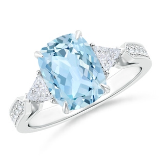9x7mm AAA Cushion Aquamarine Ring with Triangle Diamonds in 9K White Gold