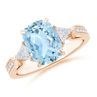 9x7mm AAA Cushion Aquamarine Ring with Triangle Diamonds in Rose Gold